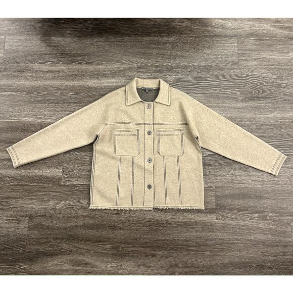 EUC Elliott Lauren Beige Top Stitch Button Front Sweater Jacket Sz M Fringe Hem - Picture 4 of 16